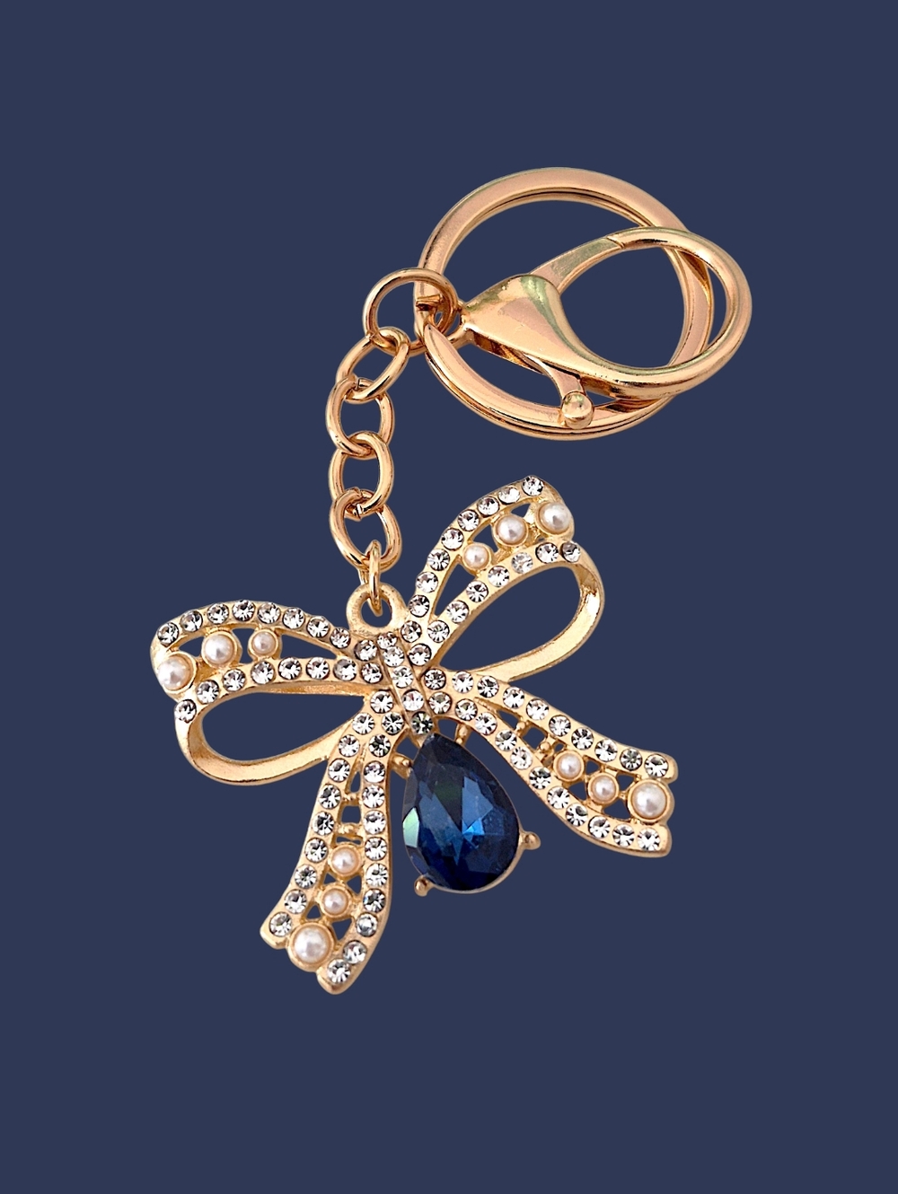 Gold Bow Bag Charm / Keychain with Navy Blue Crystal Accent